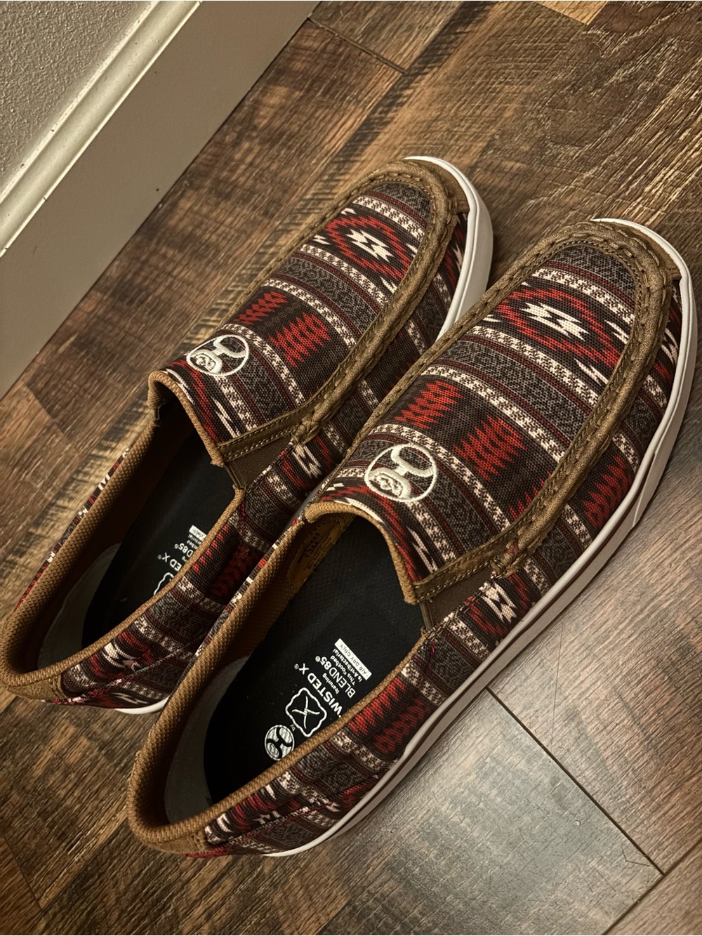 Twisted X Men's Slip-On Loafers in Red and Brown Aztec Pattern